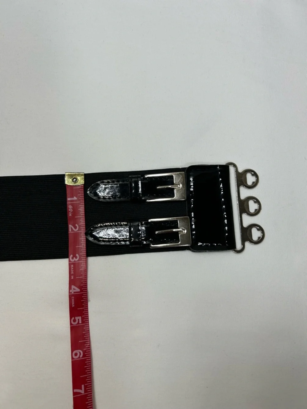 Wide Elastic‎ Corset Waist Black Belt Faux Patent Leather Silver Buckle Details_8
